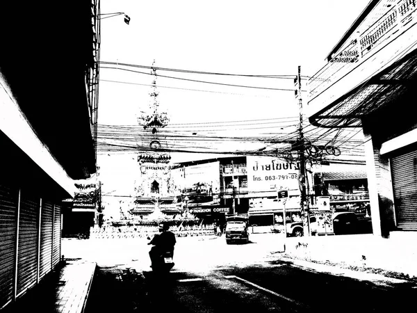 Landscape Clock Tower Middle Chiang Rai Thailand Black White Illustration — Stok Foto
