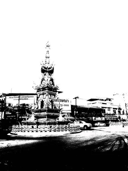 Landscape Clock Tower Middle Chiang Rai Thailand Black White Illustration — Fotografia de Stock