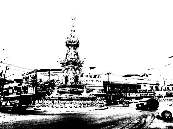 Landscape Clock Tower Middle Chiang Rai Thailand Black White Illustration — Stock fotografie