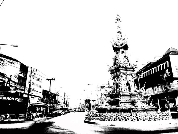 Landscape Clock Tower Middle Chiang Rai Thailand Black White Illustration — Stock Photo, Image