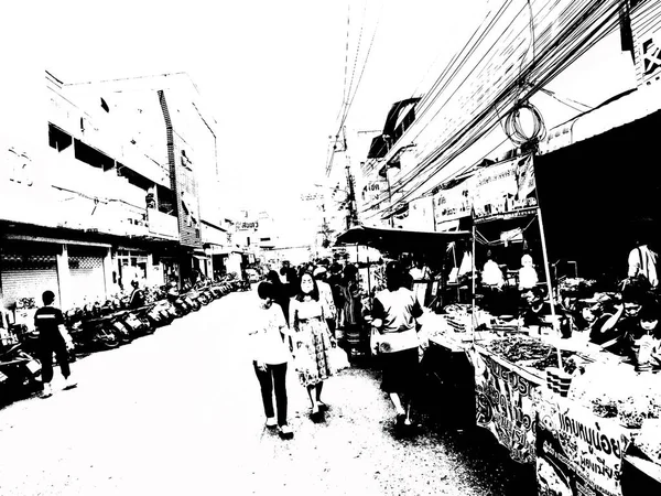 Пейзаж Комерційних Районів Ринків Центру Міста Провінціях Таїланду Чорно Біла — стокове фото