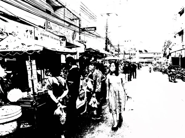 Landscape Commercial Districts Markets City Center Provinces Thailand Black White — Stok Foto