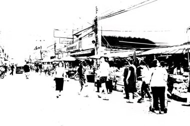 Tayland 'ın siyah-beyaz illüstrasyonundaki şehir merkezinin ticaret bölgelerinin ve pazarlarının manzarası.