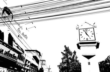 Tayland 'ın siyah-beyaz illüstrasyonundaki şehir merkezinin ticaret bölgelerinin ve pazarlarının manzarası.