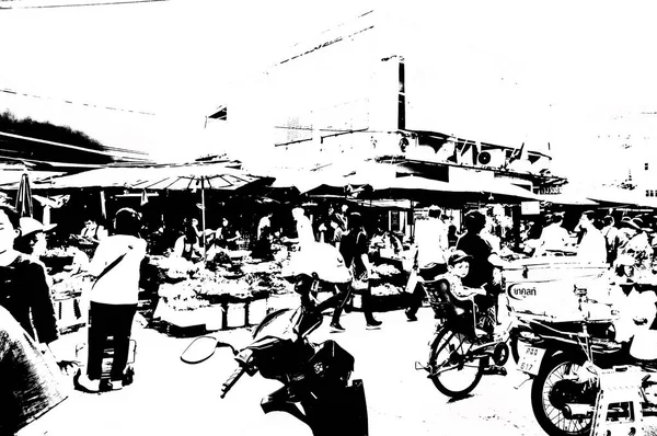 Tayland 'ın siyah-beyaz illüstrasyonundaki şehir merkezinin ticaret bölgelerinin ve pazarlarının manzarası.