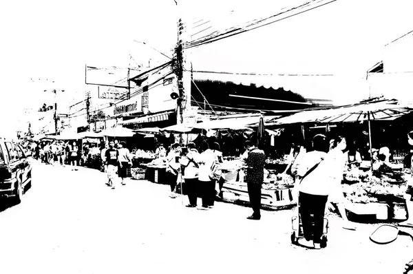 Tayland 'ın siyah-beyaz illüstrasyonundaki şehir merkezinin ticaret bölgelerinin ve pazarlarının manzarası.