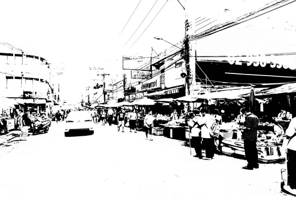 Пейзаж Коммерческих Районов Рынков Центра Города Провинциях Таиланда Черно Белая — стоковое фото
