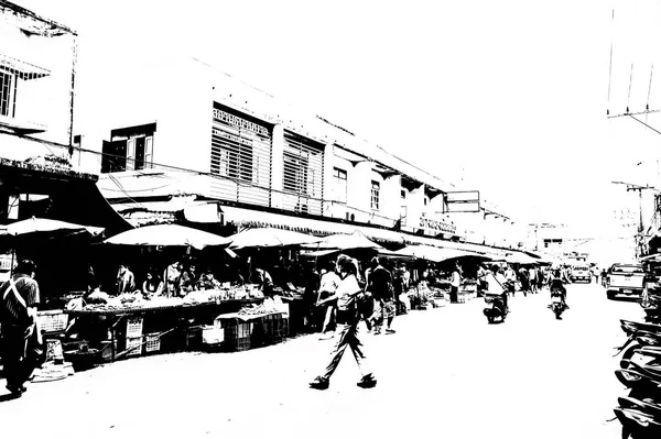 泰国各省商业区和市中心市场的景观黑白照片 — 图库照片