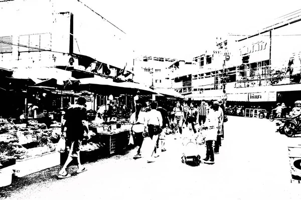 Tayland 'ın siyah-beyaz illüstrasyonundaki şehir merkezinin ticaret bölgelerinin ve pazarlarının manzarası.