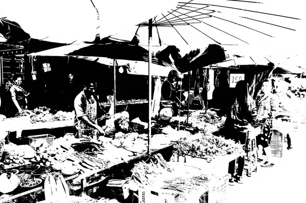Tayland 'ın siyah-beyaz illüstrasyonundaki şehir merkezinin ticaret bölgelerinin ve pazarlarının manzarası.