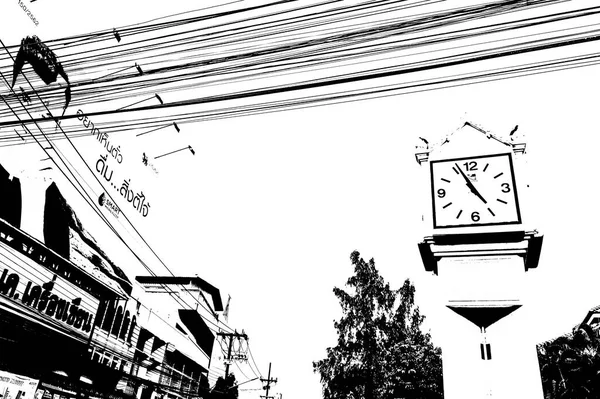 Tayland 'ın siyah-beyaz illüstrasyonundaki şehir merkezinin ticaret bölgelerinin ve pazarlarının manzarası.