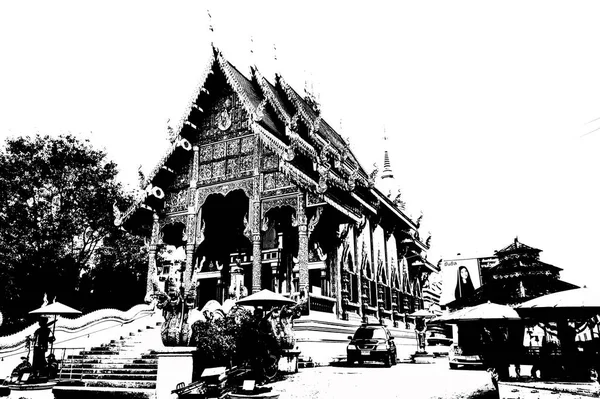 Architektonická Krajina Starověkých Chrámů Starověkého Umění Severním Thajsku Černobílá Ilustrace — Stock fotografie