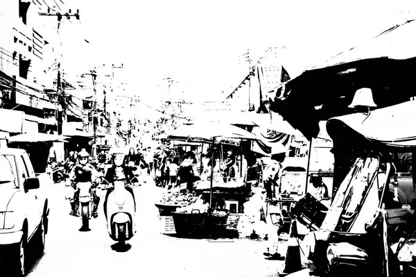 Tayland 'ın siyah-beyaz illüstrasyonundaki şehir merkezinin ticaret bölgelerinin ve pazarlarının manzarası.