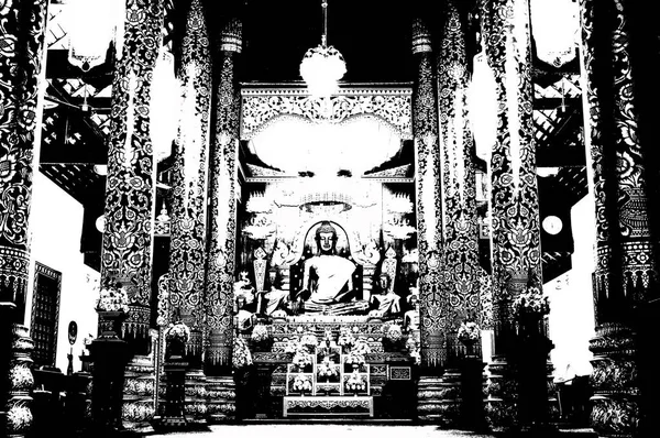 泰国北部古寺建筑景观与古代艺术黑白画 — 图库照片