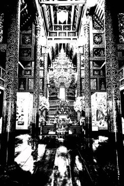 Kuzey Tayland 'daki antik tapınakların mimari manzarası ve antik sanat eserleri..