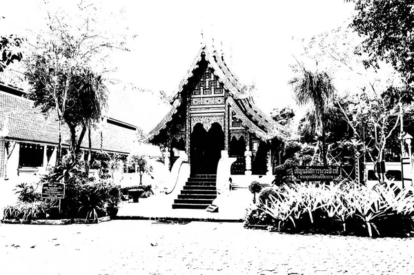 タイ北部の古代寺院や古代美術の建築風景黒と白のイラスト — ストック写真
