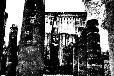 Sukhothai 'deki Antik Harabeler Dünya Mirası Sitesi Siyah ve Beyaz Çizimler.