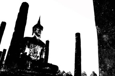 Sukhothai 'deki Antik Harabeler Dünya Mirası Sitesi Siyah ve Beyaz Çizimler.