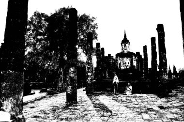 Sukhothai 'deki Antik Harabeler Dünya Mirası Sitesi Siyah ve Beyaz Çizimler.