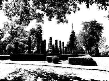 Sukhothai 'deki Antik Harabeler Dünya Mirası Sitesi Siyah ve Beyaz Çizimler.