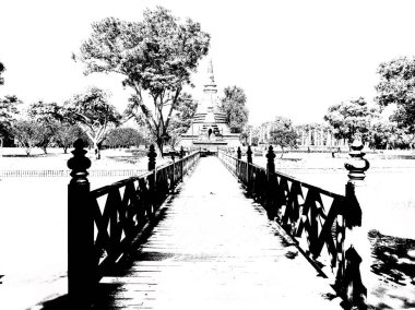 Sukhothai 'deki Antik Harabeler Dünya Mirası Sitesi Siyah ve Beyaz Çizimler.