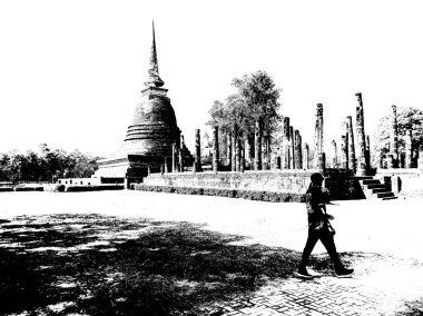 Sukhothai 'deki Antik Harabeler Dünya Mirası Sitesi Siyah ve Beyaz Çizimler.