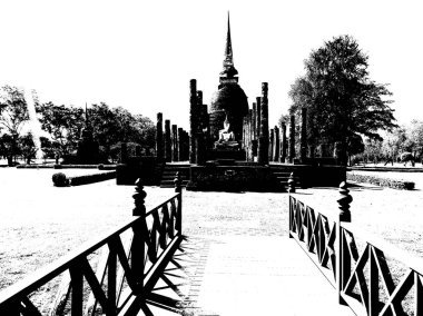 Sukhothai 'deki Antik Harabeler Dünya Mirası Sitesi Siyah ve Beyaz Çizimler.