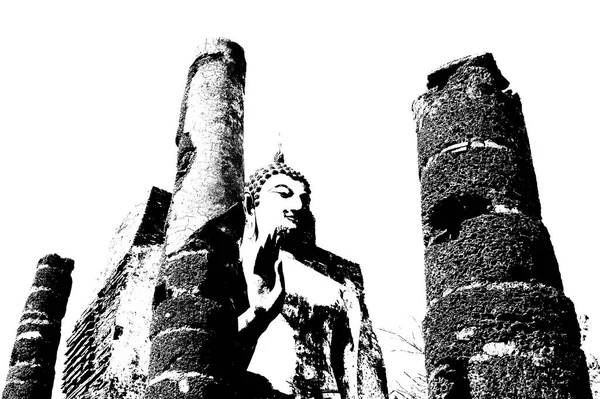 Ancient Ruins Sukhothai World Heritage Site Černobílé Ilustrace — Stock fotografie