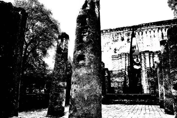 Ancient Ruins Sukhothai World Heritage Site Černobílé Ilustrace — Stock fotografie