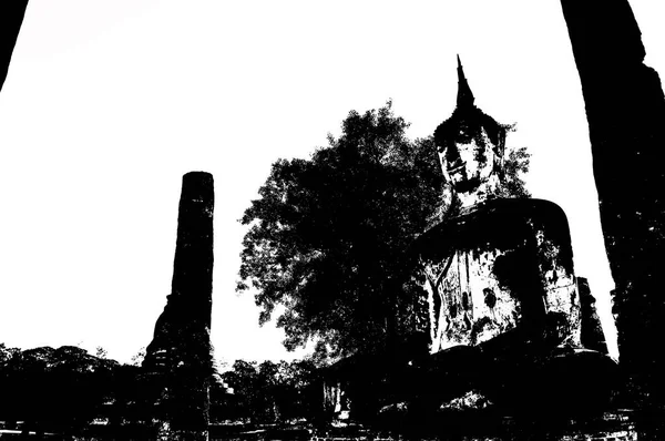 Ruinas Antiguas Sukhothai Patrimonio Humanidad Ilustraciones Blanco Negro — Foto de Stock