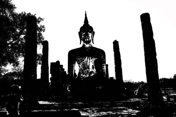 Ruines Antiques Sukhothai Site Patrimoine Mondial Illustrations Noir Blanc — Photo