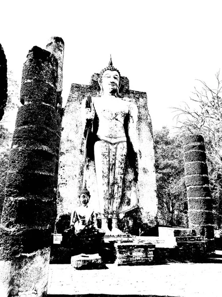 Ancient Ruins Sukhothai World Heritage Site Černobílé Ilustrace — Stock fotografie