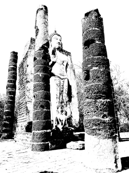 Ancient Ruins in Sukhothai World Heritage Site Black and white illustrations.