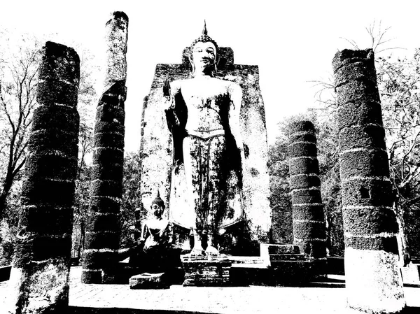 Ruinas Antiguas Sukhothai Patrimonio Humanidad Ilustraciones Blanco Negro — Foto de Stock