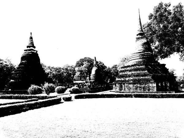 Ancient Ruins Sukhothai World Heritage Site Černobílé Ilustrace — Stock fotografie