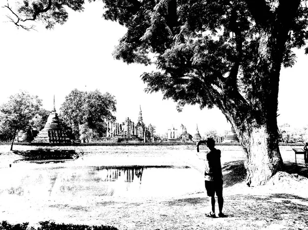 Sukhothai Deki Antik Harabeler Dünya Mirası Sitesi Siyah Beyaz Çizimler — Stok fotoğraf