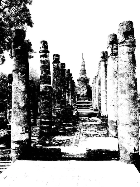 Ruines Antiques Sukhothai Site Patrimoine Mondial Illustrations Noir Blanc — Photo