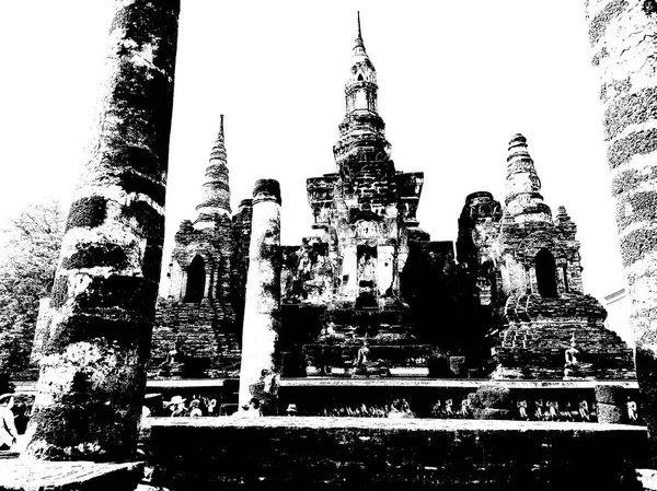 Ancient Ruins Sukhothai World Heritage Site Černobílé Ilustrace — Stock fotografie