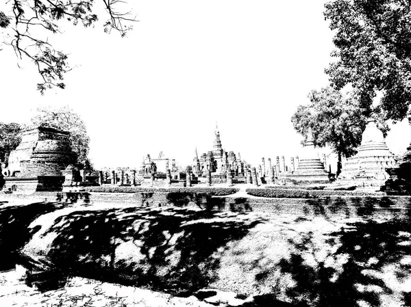 Ősi Romok Sukhothai Világörökség Része Fekete Fehér Illusztrációk — Stock Fotó