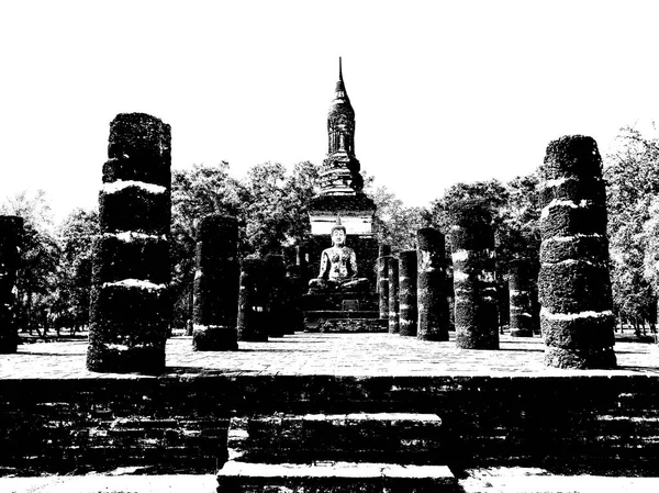 Ruinas Antiguas Sukhothai Patrimonio Humanidad Ilustraciones Blanco Negro —  Fotos de Stock