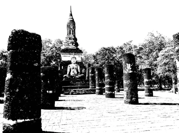 stock image Ancient Ruins in Sukhothai World Heritage Site Black and white illustrations.