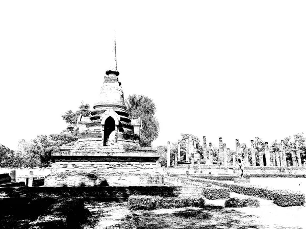 Sukhothai Deki Antik Harabeler Dünya Mirası Sitesi Siyah Beyaz Çizimler — Stok fotoğraf