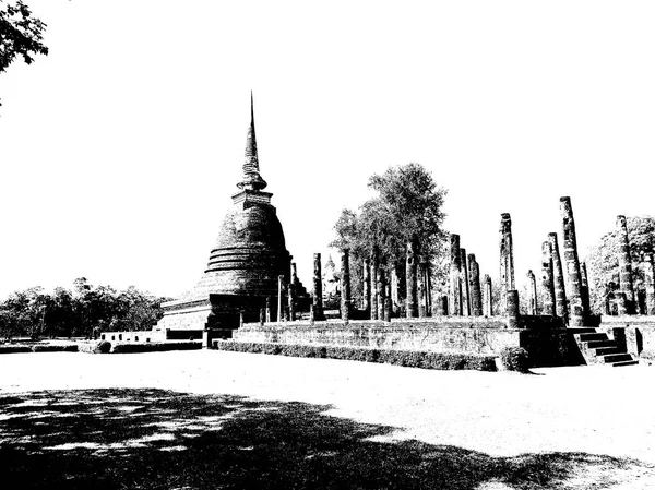 Ruines Antiques Sukhothai Site Patrimoine Mondial Illustrations Noir Blanc — Photo