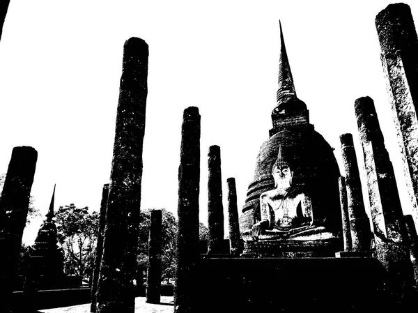 Ruines Antiques Sukhothai Site Patrimoine Mondial Illustrations Noir Blanc — Photo