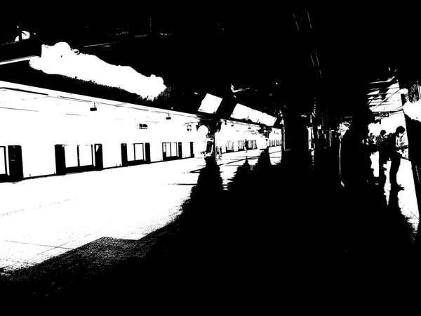Krajobraz Nieba Dworzec Kolejowy Mieście Czarno Biały Ilustracja — Zdjęcie stockowe