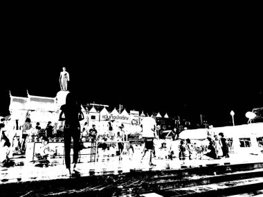 Tayland 'ın orta kesimindeki anıtların manzarası siyah ve beyaz..