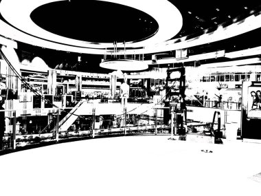 Alışveriş merkezinin manzarası siyah-beyaz.