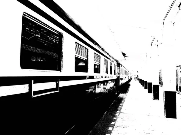 Trem Tailandês Estação Ferroviária Ilustração Preto Branco — Fotografia de Stock