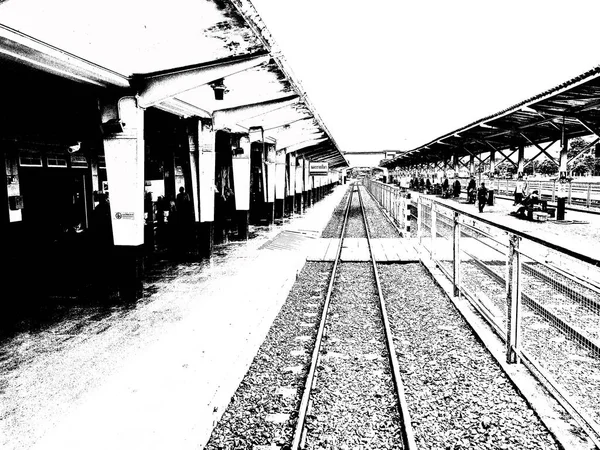 Estação Ferroviária Paisagem Tailândia Ilustração Preto Branco — Fotografia de Stock