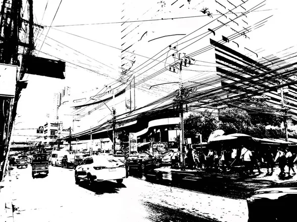 Het Bangkok Stad Landschap Thailand Zwart Wit Illustratie — Stockfoto